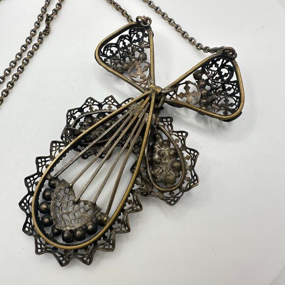 Antique Art Deco 1920s blue Czech glass rhinestones brass filigree necklace - Picture 7 of 8